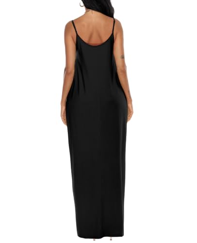 OFEEFAN Women's Maxi Dresses Summer Spaghetti Strap Dress with Pockets - color: Aablack, size: X-Large