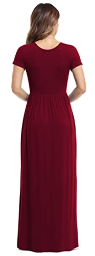 VIISHOW Women's Short Sleeve Loose Plain Maxi Dresses Casual Long Dresses with Pockets - color: Wine Red, size: XX-Large