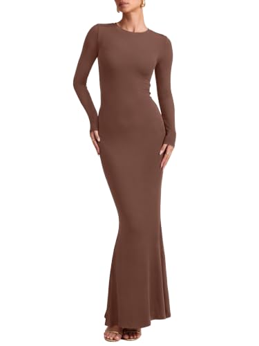 REORIA Women's Long Sleeve Ribbed Bodycon Maxi Dresses - color: Coffee, size: X-Large