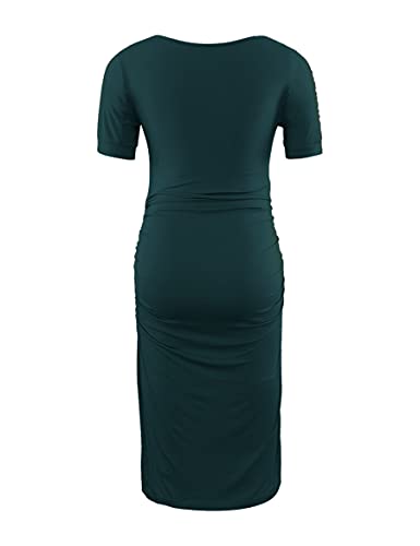 Peauty Side Ruched Maternity Bodycon Dress Short Sleeve Style Baby Shower - color: H. Dark Green, size: Medium