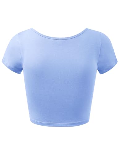Women Cotton Scoop Neck Crop Tops Short Sleeve Basic Casual Shirts - color: 939-spring Blue, size: Large