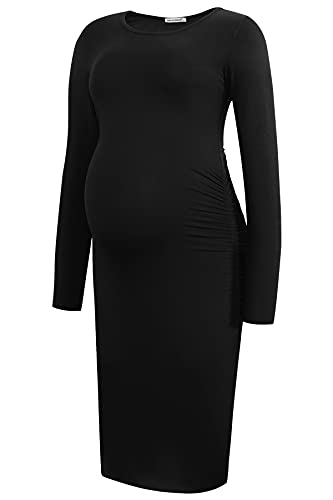 Smallshow Women's Long Sleeve Maternity Dress Ruched Pregnancy Clothes - color: Black, size: XX-Large