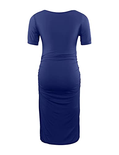 Peauty Side Ruched Maternity Bodycon Dress Short Sleeve Style Baby Shower - color: F. Navy, size: Medium