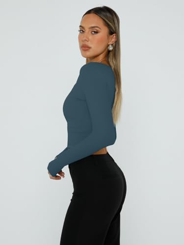 Trendy Queen Women's Square Neck Tops Cropped Going Out Long Sleeve Shirts - color: Haze Blue, size: Small