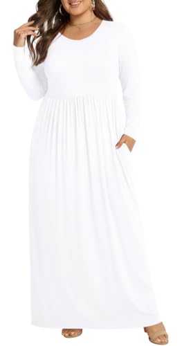 POPYOUNG Womens Plus Size Maxi Dresses Curvy Long Sleeve Fall Dress Outfits - color: White, size: X-Large