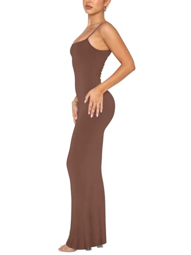 REORIA Women's Basic Sexy Lounge Slip Long Dress Elegant Sleeveless Backless Ribbed Bodycon Maxi Dresses - color: Coffee, size: Small