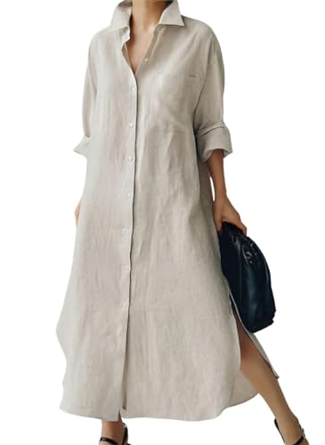 chouyatou Women's Spring Button Down Cotton Shirt Dress Summer Flowy Side Slit Maxi Shift Dress - color: Apricot, size: Small