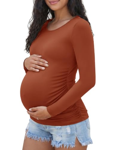 Happy.angel Women's Maternity Long Sleeve Shirts,Side Ruched Pregnancy Tops - color: Orange, size: X-Large