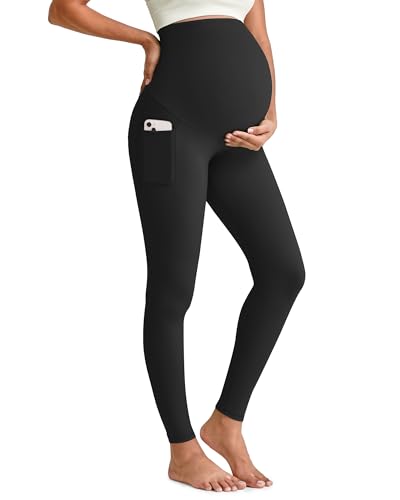 G4Free BareFeel Maternity Leggings with Pockets Over The Belly Stretchy Workout Yoga Pregnancy Pants - color: Black, size: Medium