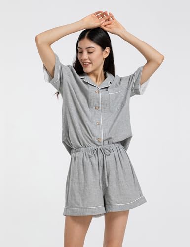 Womens Muslin Pajama Sets 100% Cotton Double Gauze Linen Like Short Pjs - color: Heathered Light Grey, size: Medium
