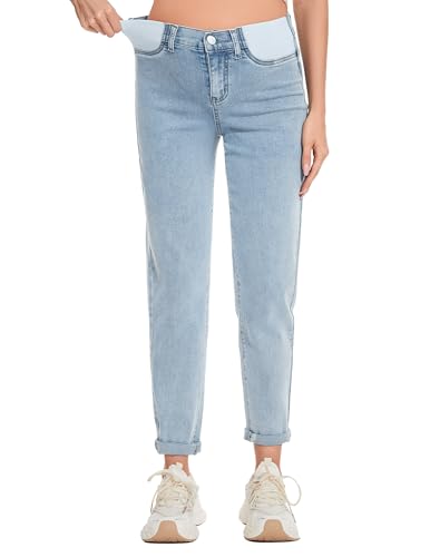 FABRACK Women's Maternity Jeans Mid-Rise Stretchy Boyfriend Jeans Pregnancy Denim Pants with Pockets - color: A02 Light Blue, size: Large