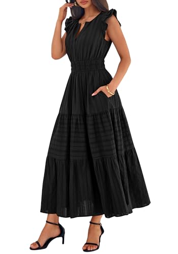 BTFBM Womens Summer Casual Ruffle Sleeve Maxi Dress - color: Black, size: Small