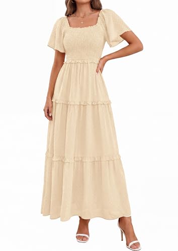 PRETTYGARDEN Womens Summer Dresses Boho Maxi Swiss Dot Dress - color: Beige, size: X-Large