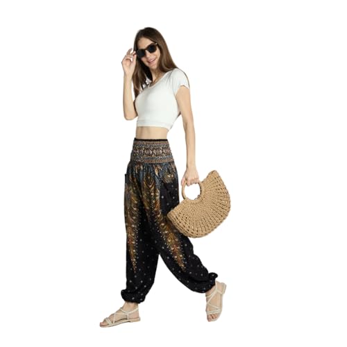 Tranquil Threads High-Waisted Boho Harem Yoga Pants for Women - color: Golden Black, size: Medium