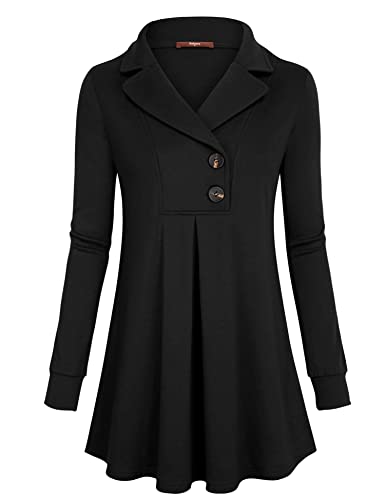 Gaharu Women's Swing Tunic Notch Collar Ladies Button Sweatshirt Long Sleeve Pullover Shirt Tops - color: Black, size: X-Large