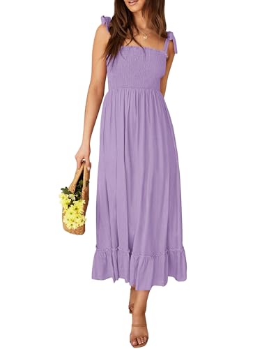 Tobrief Women's Boho Dress Summer Spaghetti Strap Square Neck Flowy Ruffle Beach Long Maxi Dress - color: Purple, size: Large