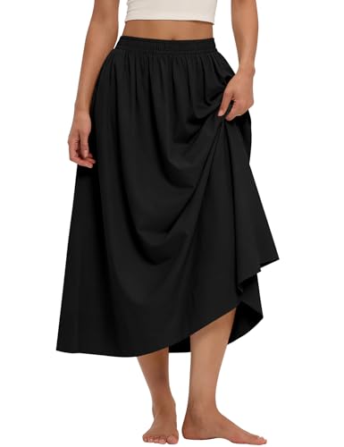 LOMON Midi Skirts for Women with Pockets A-Line Cotton Flowy Elastic Waist - color: Black, size: Small