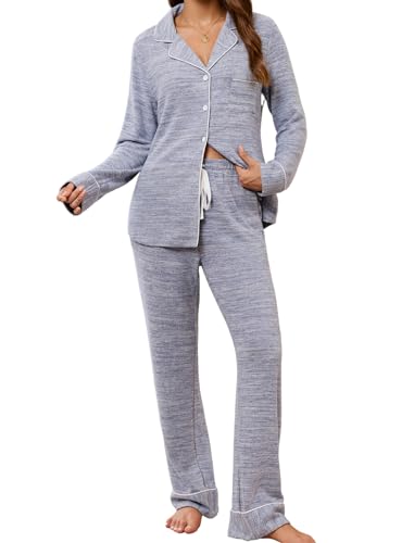 Leikar Button Up Pajama Set For Women Long Sleeve Shirt And Pajama Pants Soft Pjs Lounge Sets - color: A-thickened Blue, size: Large
