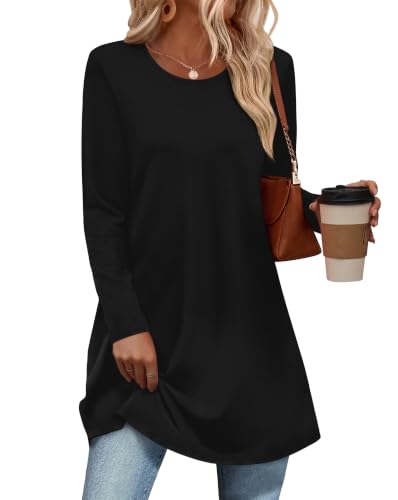OFEEFAN Fall Long Sleeve Shirts For Women Casual Crew Neck Tunic Tops - color: Black, size: XX-Large