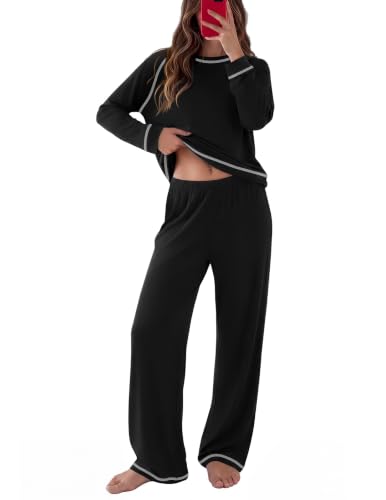 Ekouaer Womens Pajamas Long Sleeve Pjs Soft Loungewear 2 Piece Lounge Sets - color: Black, size: X-Large
