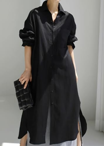 chouyatou Women's Spring Button Down Cotton Shirt Dress Summer Flowy Side Slit Maxi Shift Dress - color: Black, size: Medium