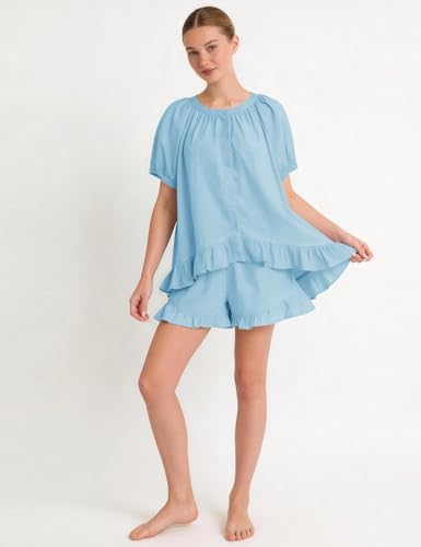 Kissonic Womens Pajamas Set 2 Piece Cotton Ruffle Summer Shorts Sets - color: Blue, size: Medium