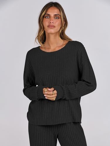 ANRABESS Women 2 Piece Lounge Pajamas Sets Casual Fall Outfits - color: Black, size: Large