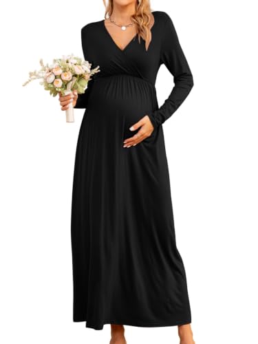 Fall Wrap V Neck Long Sleeve Maternity Maxi Dress Baby Shower - color: Black, size: Small