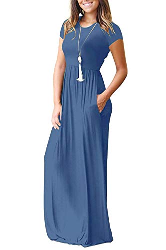 MISFAY Women's Short Sleeve Maxi Dresses Long Casual Dresses with Pockets - color: Beja Blue, size: XX-Large