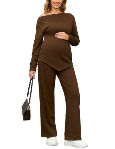Bhome Maternity Sets 2 Piece Outfits Casual Pregnancy Loungewear - color: Brown, size: Large