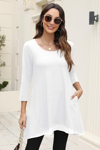 Poetsky Womens 3/4 Sleeve Tunic Tops for Leggings Long Shirts with Pockets - color: White, size: 3X-Large