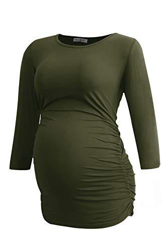 Smallshow Women's Maternity Tunic Shirts 3/4 Sleeve Ruched Pregnancy Tops - color: White Stripe-army Green-wine(3 Pack), size: Large