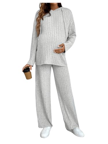 MakeMeChic Women's Maternity 2 Piece Sets Ribbed Knit Hoodie Pants Outfits - color: Grey, size: Small