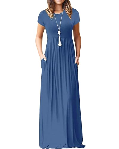 MISFAY Women's Short Sleeve Maxi Dresses Long Casual Dresses with Pockets - color: Beja Blue, size: XX-Large
