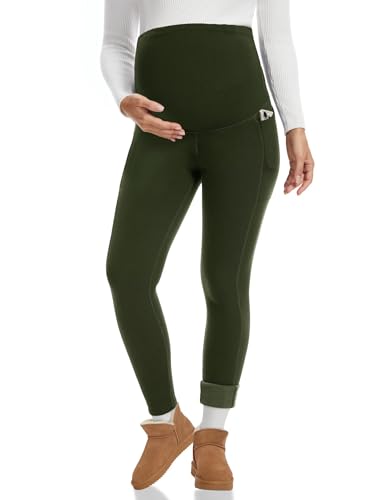 Happy.angel Women's Thick Fleece Lined Maternity Leggings with Pockets - color: Army Green, size: X-Small