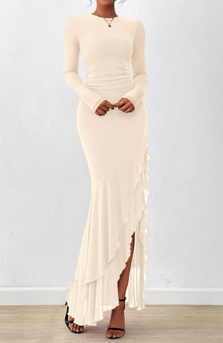 BTFBM Women's Maxi Dresses Fall 2026 Long Sleeve Wedding Guest Dress - color: Beige, size: Small