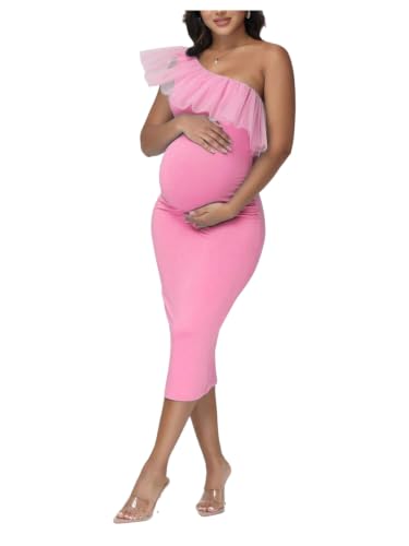 OYOANGLE Women's Maternity Ruffle One Shoulder Dress Bodycon Midi Dresses - color: Pink, size: Medium