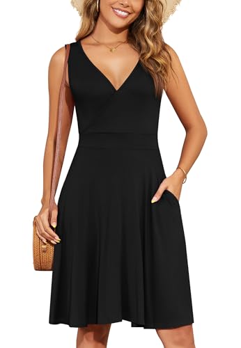 WEACZZY Women Summer V Neck Sleeveless Dress with Pockets Beach Sundress - color: Black, size: Medium