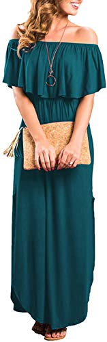 Sarin Mathews Womens Off The Shoulder Ruffle Party Dress Casual Side Split Beach Long Maxi Dresses with Pockets - color: Acie Blue, size: Medium