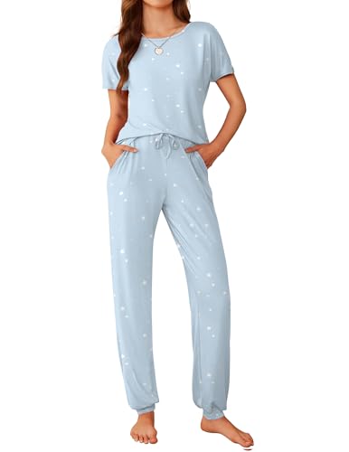Ekouaer Pajamas for Womens Set Soft 2 Piece Loungewear with Jogger Pants - color: Blue Star, size: Large