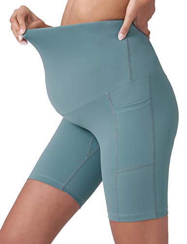 POSHDIVAH Maternity Biker Shorts Over the Belly with Pockets 5"/8" - color: Light Green, size: Large