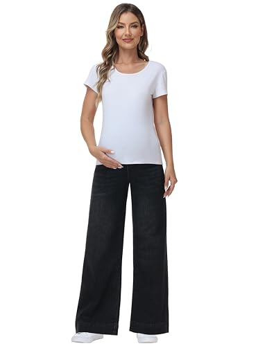 Maternity Jeans Wide Leg Loose Pregnancy Denim Pants - color: Washed Black, size: X-Large
