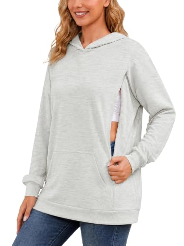 Ecavus Womens Nursing Sweatshirts for Breastfeeding Hidden Zipper Hoodie - color: Light Grey, size: Large