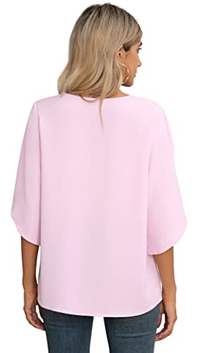 Jouica Women's 3/4 Ruffled Sleeve Blouses Summer Chiffon Casual Loose Tops - color: 01light Pink, size: Small