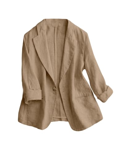 IDEALSANXUN Linen Blazer Women 3/4 Sleeve Lightweight Spring Summer Blazer Jackets - color: Dark Khaki, size: Medium