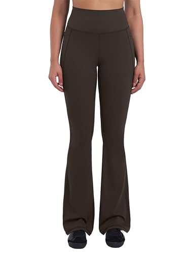 Sunzel Women Mini Flare Leggings with Pockets Breathable Bootcut Yoga Pants - color: Seal Brown, size: Medium
