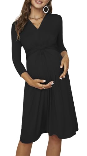 Fall Maternity Midi Dress V Neck 3/4 Sleeve Baby Shower - color: Black, size: XX-Large