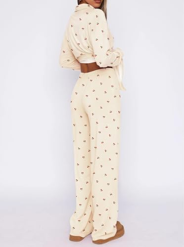 Dressmine Ladies Long Sleeve Cute Pajama Sets 2 Piece Fall Outfits - color: Apricot Cherry, size: Large