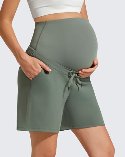 G4Free Pregnancy Shorts Over Bump Drawstring Postpartum Shorts with Pockets Summer Maternity Workout Yoga Casual(Gray Sage,M)