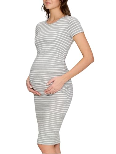 Women's Maternity Dress Short Sleeve Ruched Pregnancy Summer Dresses - color: Light Grey Stripe, size: Large